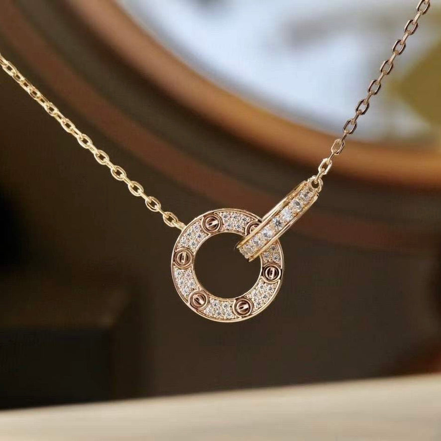 [LumiVibe]LOVE 7.6MM NECKLACE ROSE GOLD AND SILVER  FULL DIAMOND