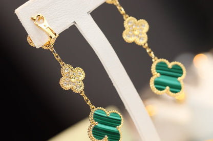 [LumiVibe]CLOVER EARRINGS GOLD MALACHITE DIAMOND 3 MOTIF