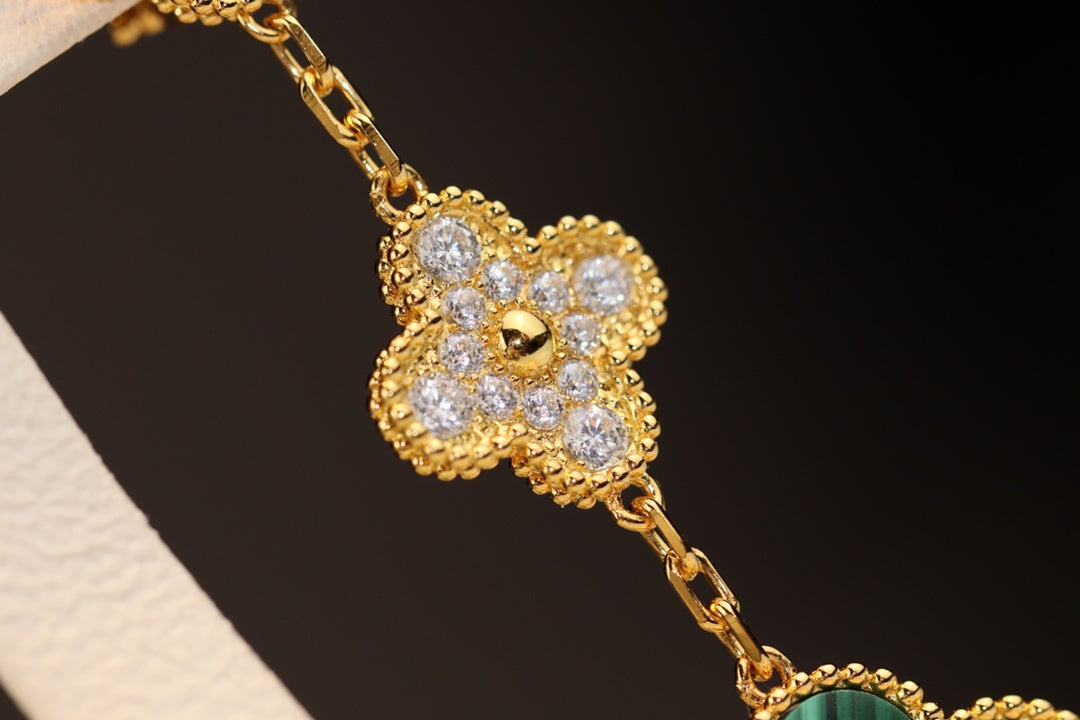 [LumiVibe]CLOVER EARRINGS GOLD MALACHITE DIAMOND 3 MOTIF