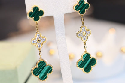 [LumiVibe]CLOVER EARRINGS GOLD MALACHITE DIAMOND 3 MOTIF