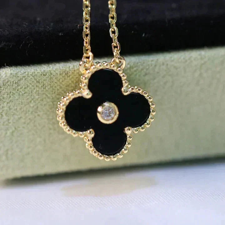 [LumiVibe]CLOVER 15MM DIAMOND ONYX NECKLACE