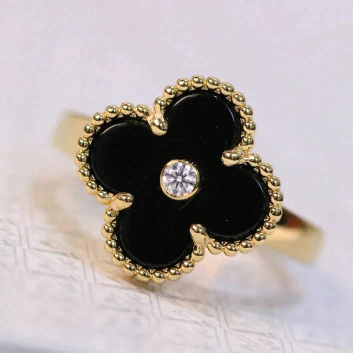 [LumiVibe]CLOVER ONYX RING GOLD DIAMOND