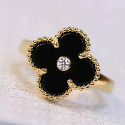 [LumiVibe]CLOVER ONYX RING GOLD DIAMOND