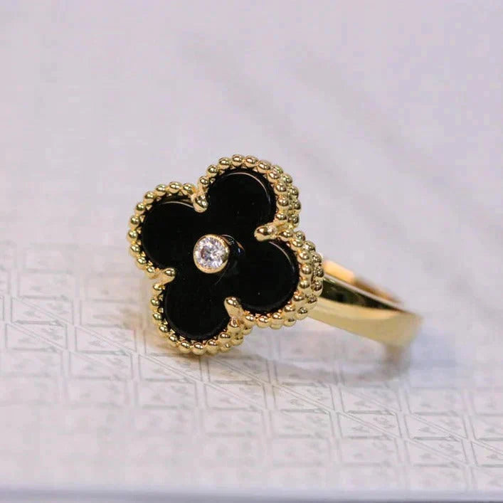 [LumiVibe]CLOVER ONYX RING GOLD DIAMOND