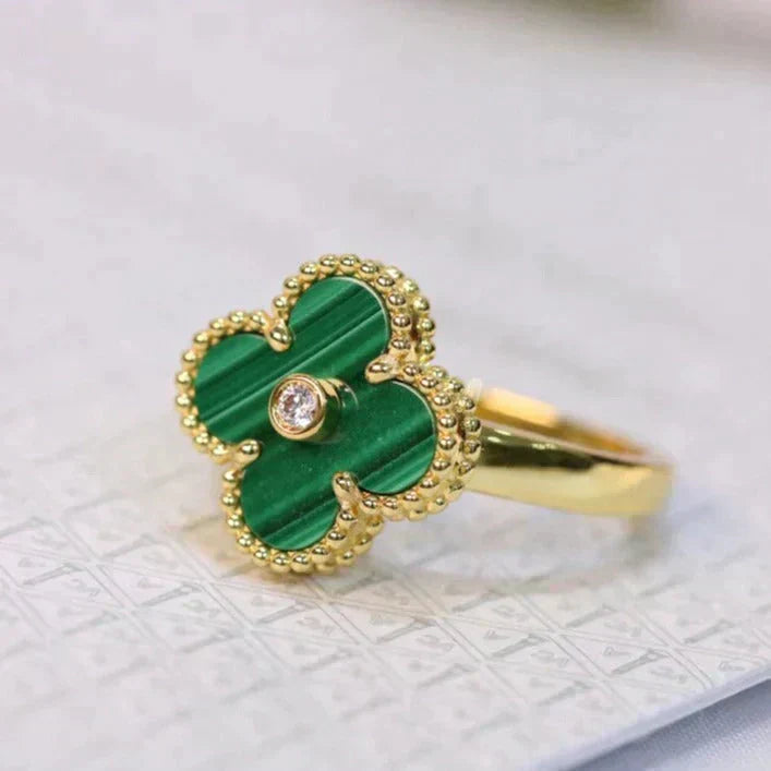 [LumiVibe]CLOVER MALACHITE RING GOLD DIAMOND