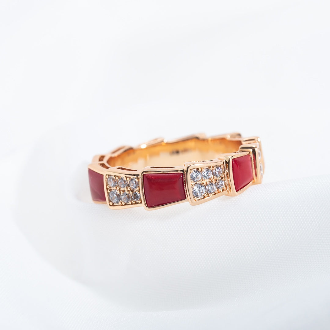[LumiVibe]SERPENTI RING PINK GOLD CARNELIAN DIAMOND PAVED 4MM