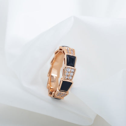 [LumiVibe]SERPENTI RING PINK GOLD BLACK MOP DIAMOND PAVED 4MM