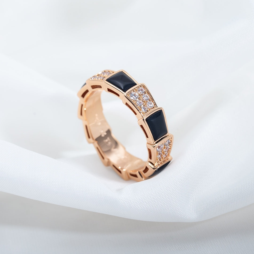 [LumiVibe]SERPENTI RING PINK GOLD BLACK MOP DIAMOND PAVED 4MM