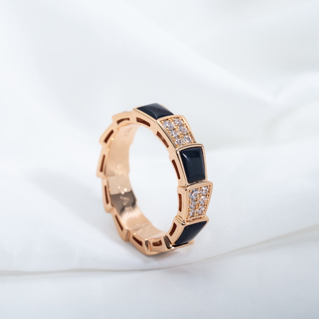 [LumiVibe]SERPENTI RING PINK GOLD BLACK MOP DIAMOND PAVED 4MM