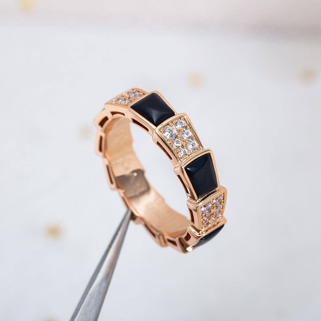 [LumiVibe]SERPENTI RING PINK GOLD BLACK MOP DIAMOND PAVED 4MM