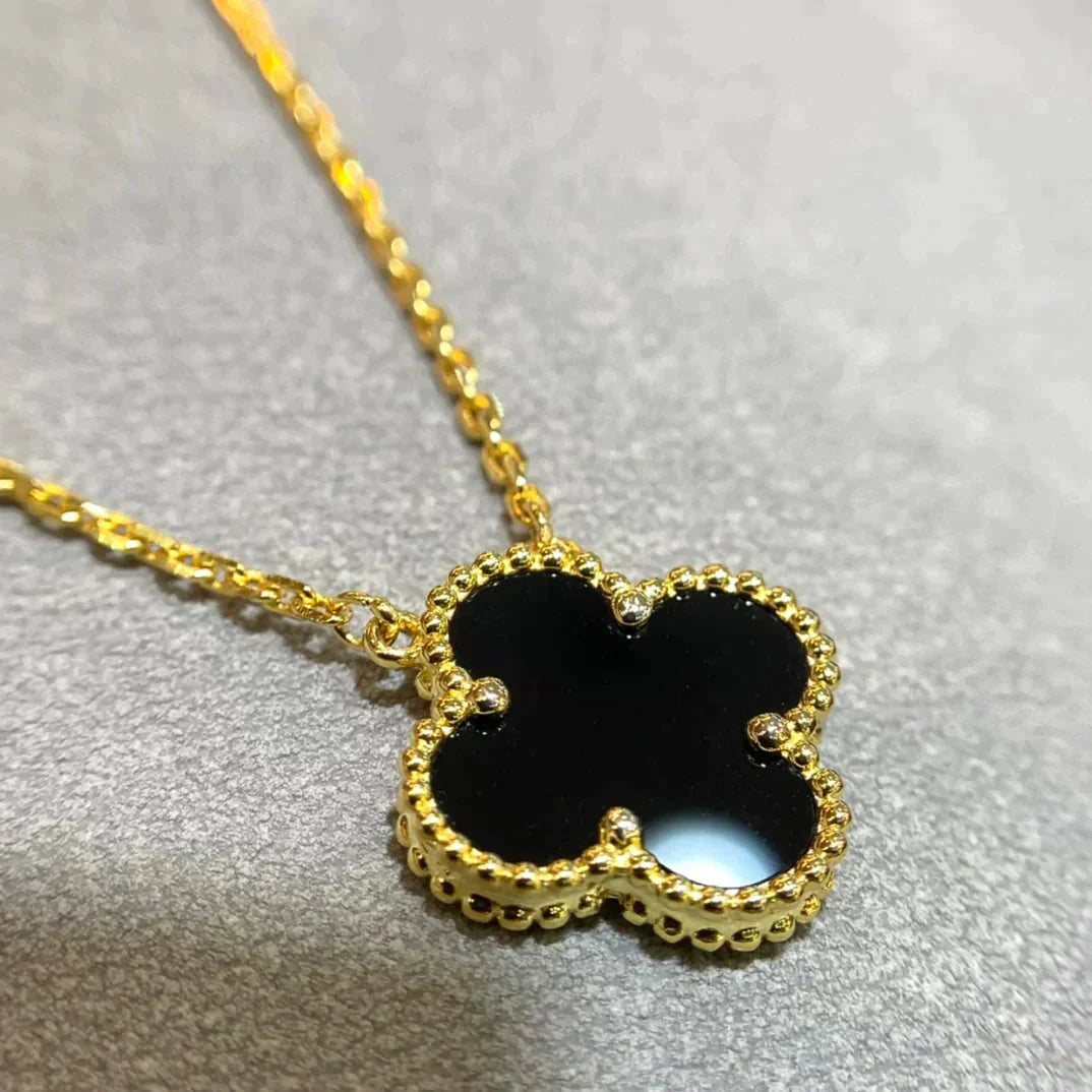 [LumiVibe]CLOVER 15MM BLACK ONYX SINGLE FLOWER NECKLACE