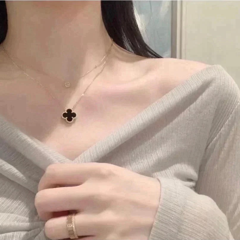 [LumiVibe]CLOVER 15MM BLACK ONYX SINGLE FLOWER NECKLACE