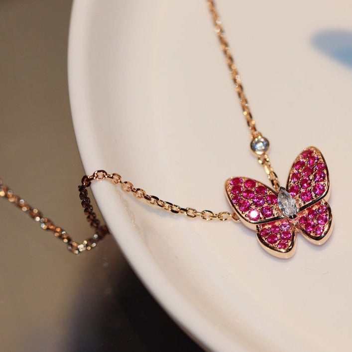 [LumiVibe]BUTTERFLY RED DIAMOND ROSE GOLD NECKLACE