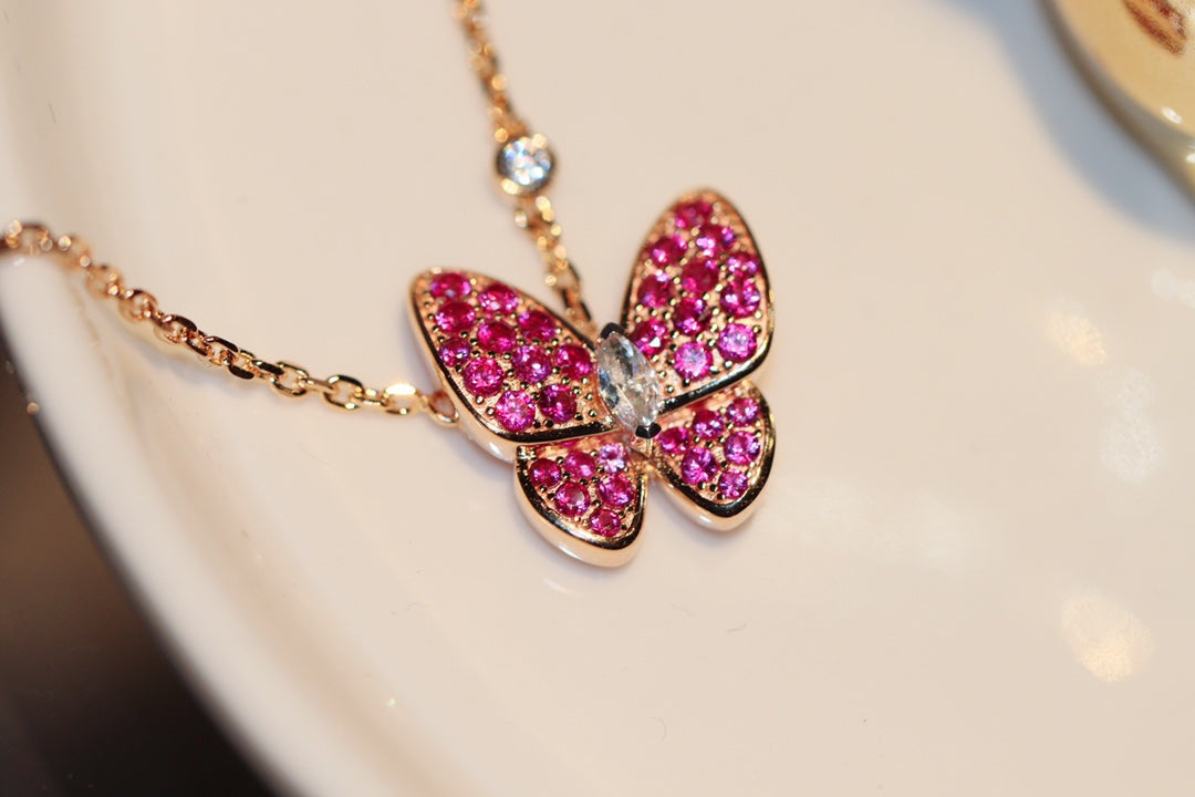 [LumiVibe]BUTTERFLY RED DIAMOND ROSE GOLD NECKLACE