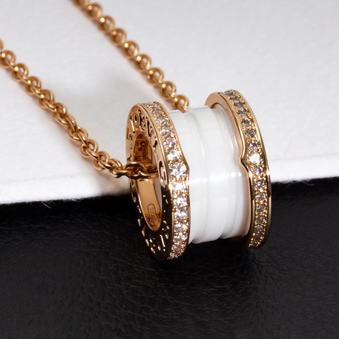 [LumiVibe]ZERO 1 WHITE CERAMIC PINK GOLD DIAMOND NECKLACE
