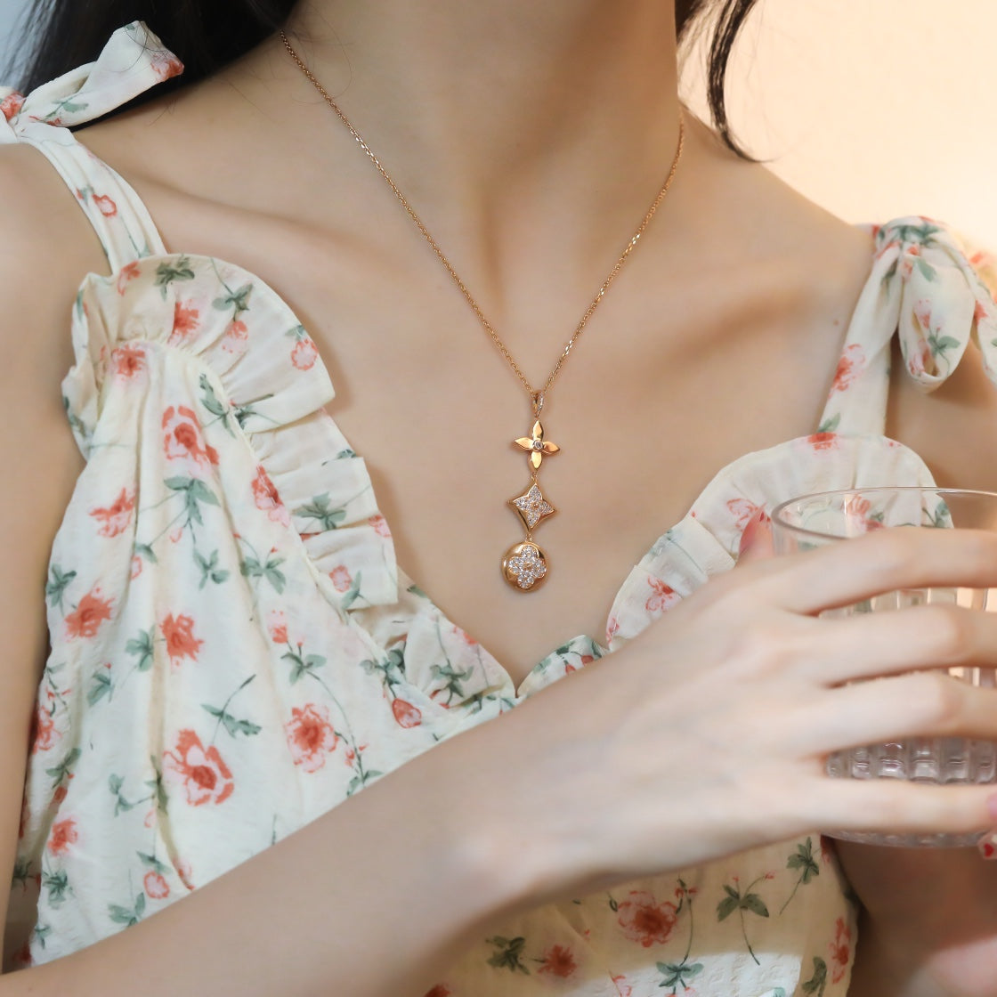 [LumiVibe]STAR AND SUN DIAMOND PINK GOLD NECKLACE