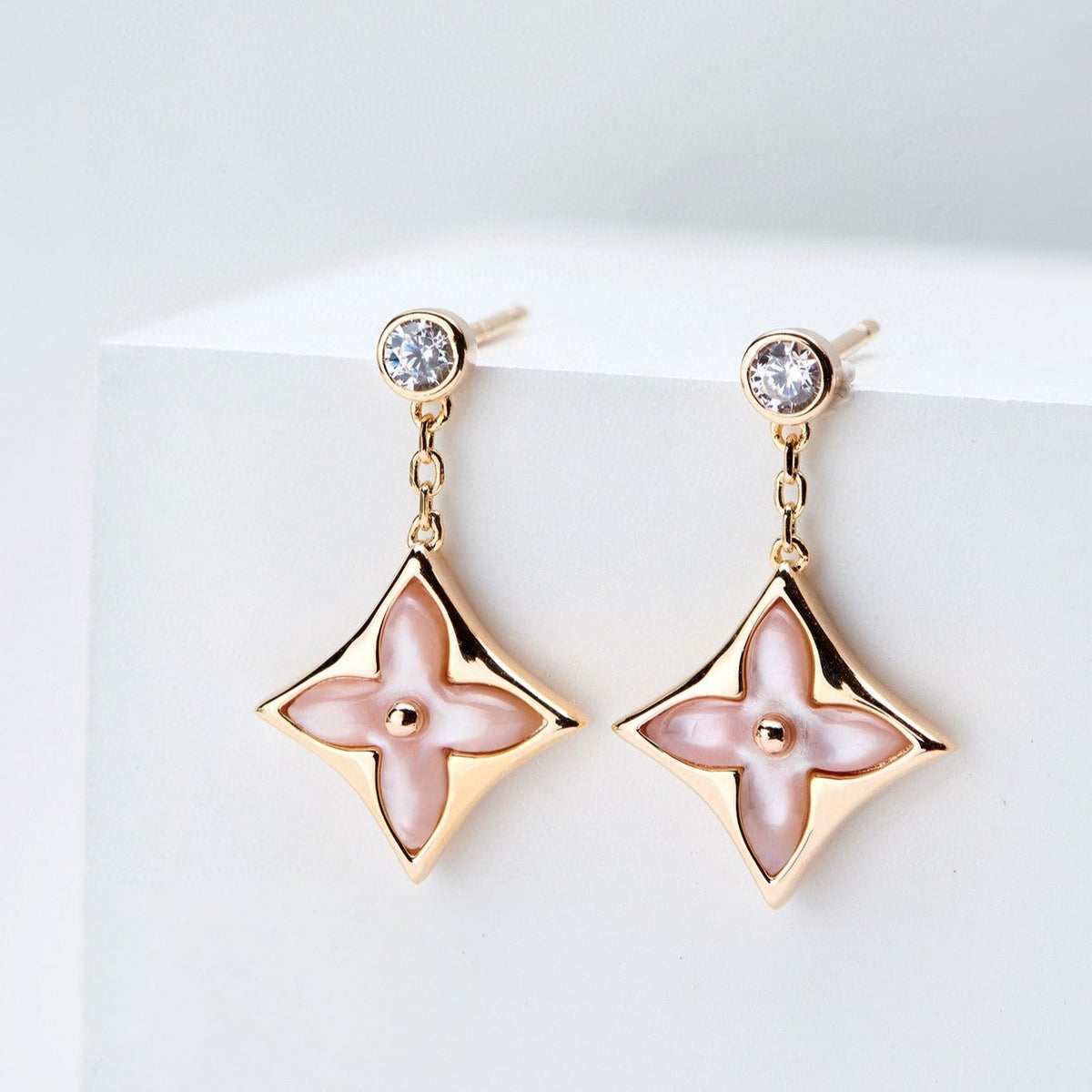 [LumiVibe]DOUBLE STAR PINK GOLD MOP DROP EARRINGS