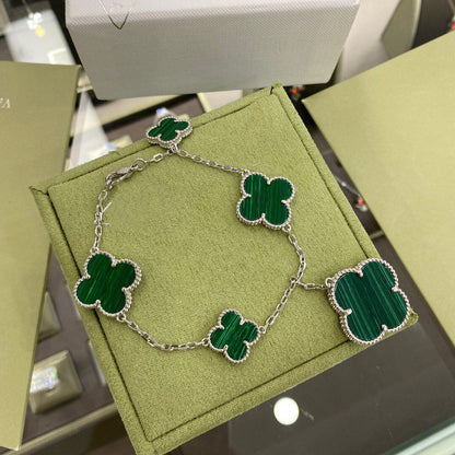 [LumiVibe]CLOVER 5 MOTIFS SIVLER MALACHITE BRACELET