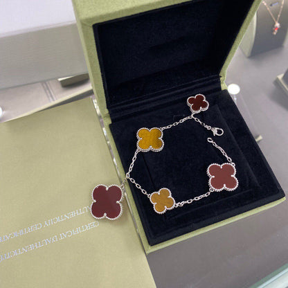 [LumiVibe]CLOVER 5 MOTIFS SIVLER CARNELIAN TIGER EYE BRACELET