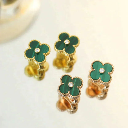 [LumiVibe]CLOVER MEDIUM 1 MOTIFS MALACHITE DIAMOND EARRINGS