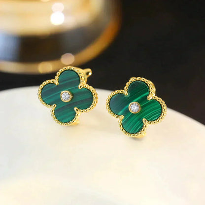 [LumiVibe]CLOVER MEDIUM 1 MOTIFS MALACHITE DIAMOND EARRINGS