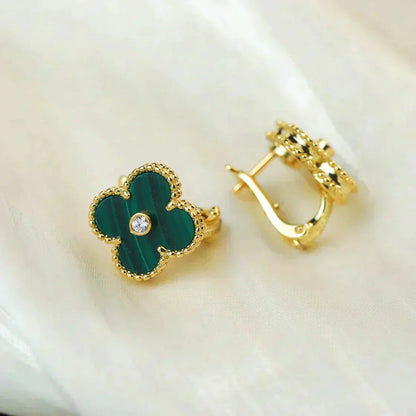 [LumiVibe]CLOVER MEDIUM 1 MOTIFS MALACHITE DIAMOND EARRINGS