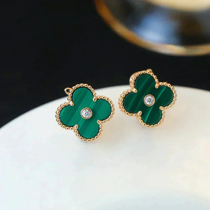 [LumiVibe]CLOVER MEDIUM 1 MOTIFS MALACHITE DIAMOND EARRINGS