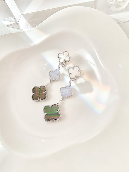 [LumiVibe]CLOVER 3 MOTIFS CHALCEDONY DARK MOP SILVER EARRINGS