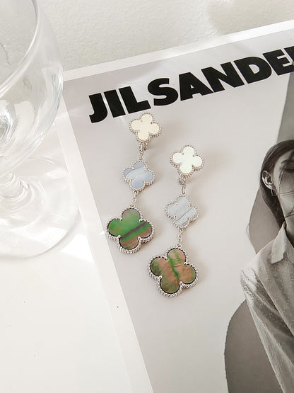 [LumiVibe]CLOVER 3 MOTIFS CHALCEDONY DARK MOP SILVER EARRINGS