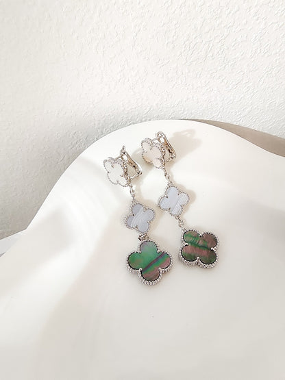 [LumiVibe]CLOVER 3 MOTIFS CHALCEDONY DARK MOP SILVER EARRINGS