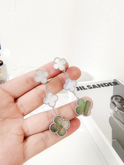 [LumiVibe]CLOVER 3 MOTIFS CHALCEDONY DARK MOP SILVER EARRINGS