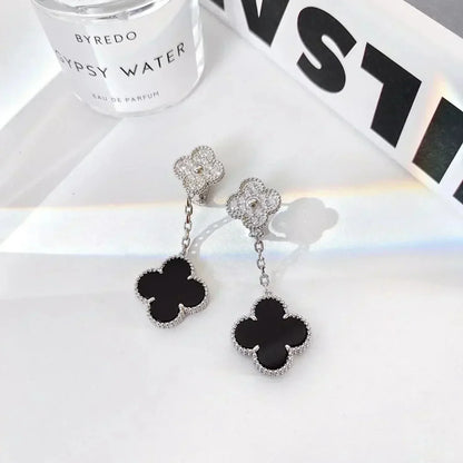 [LumiVibe]CLOVER 2 MOTIFS  DIAMOND ONYX EARRINGS SILVER
