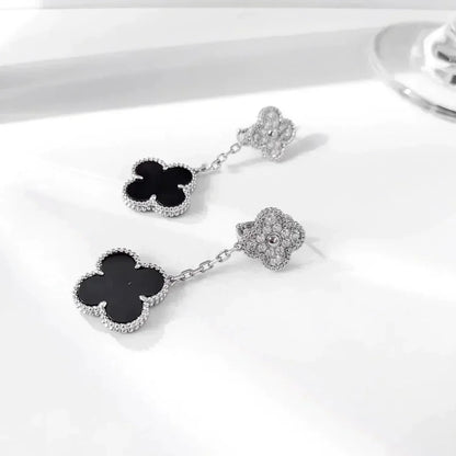 [LumiVibe]CLOVER 2 MOTIFS  DIAMOND ONYX EARRINGS SILVER