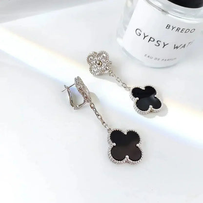 [LumiVibe]CLOVER 2 MOTIFS  DIAMOND ONYX EARRINGS SILVER