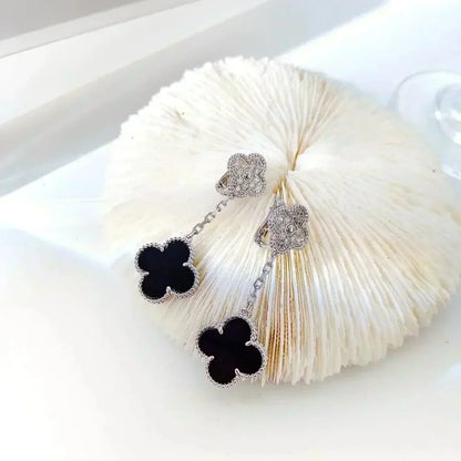 [LumiVibe]CLOVER 2 MOTIFS  DIAMOND ONYX EARRINGS SILVER
