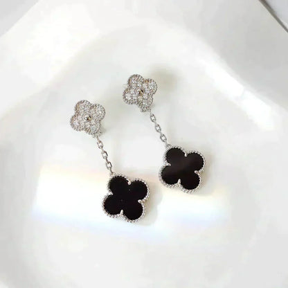 [LumiVibe]CLOVER 2 MOTIFS  DIAMOND ONYX EARRINGS SILVER