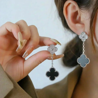 [LumiVibe]CLOVER 2 MOTIFS  DIAMOND ONYX EARRINGS SILVER