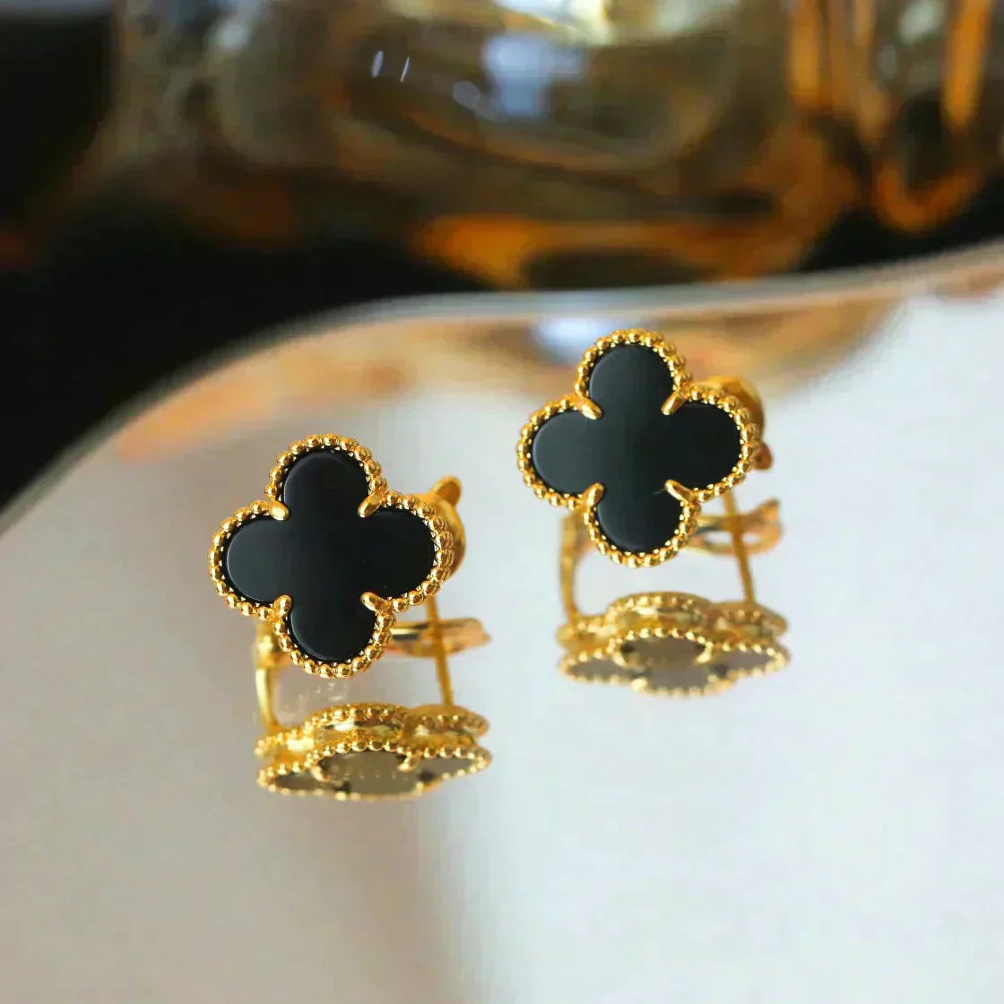 [LumiVibe]CLOVER MEDIUM 1 MOTIFS  ONYX STUD EARRINGS