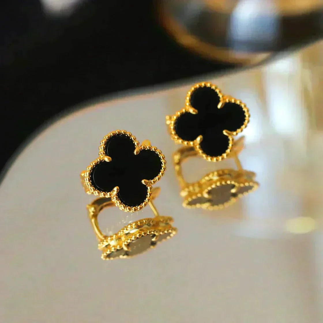[LumiVibe]CLOVER MEDIUM 1 MOTIFS  ONYX STUD EARRINGS