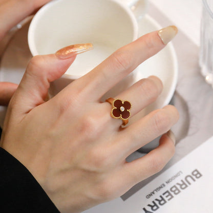 [LumiVibe]CLOVER CARNELIAN RING ROSE GOLD DIAMOND