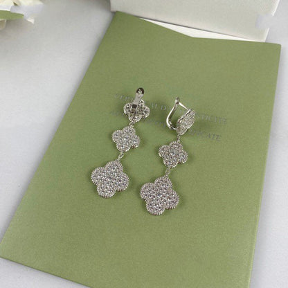 [LumiVibe]CLOVER 3 MOTIF DIAMOND SILVER DROP EARRINGS