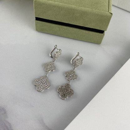 [LumiVibe]CLOVER 3 MOTIF DIAMOND SILVER DROP EARRINGS