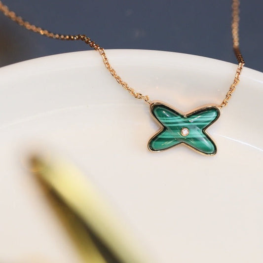 [LumiVibe]JEUX MALACHITE 1 DIAMOND PINK GOLD NECKLACE