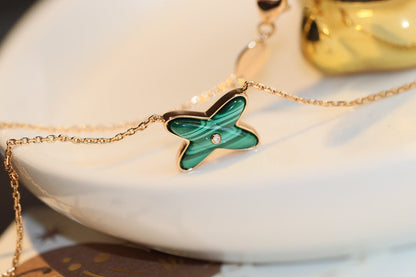 [LumiVibe]JEUX MALACHITE 1 DIAMOND PINK GOLD NECKLACE