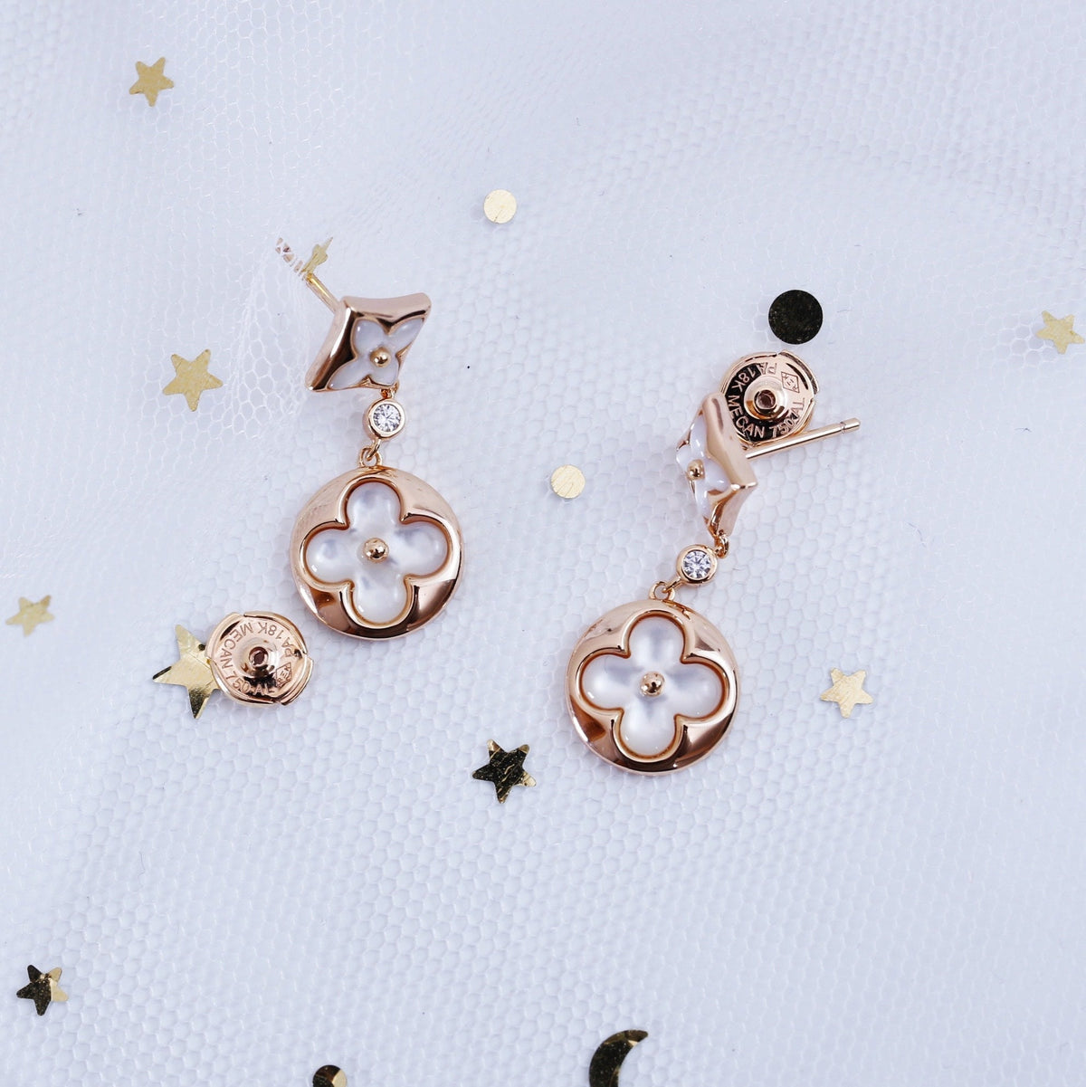 [LumiVibe]STAR AND SUN PINK GOLD MOP DROP EARRINGS