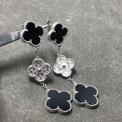 [LumiVibe]CLOVER 3 MOTIF DIAMOND ONYX SILVER EARRINGS