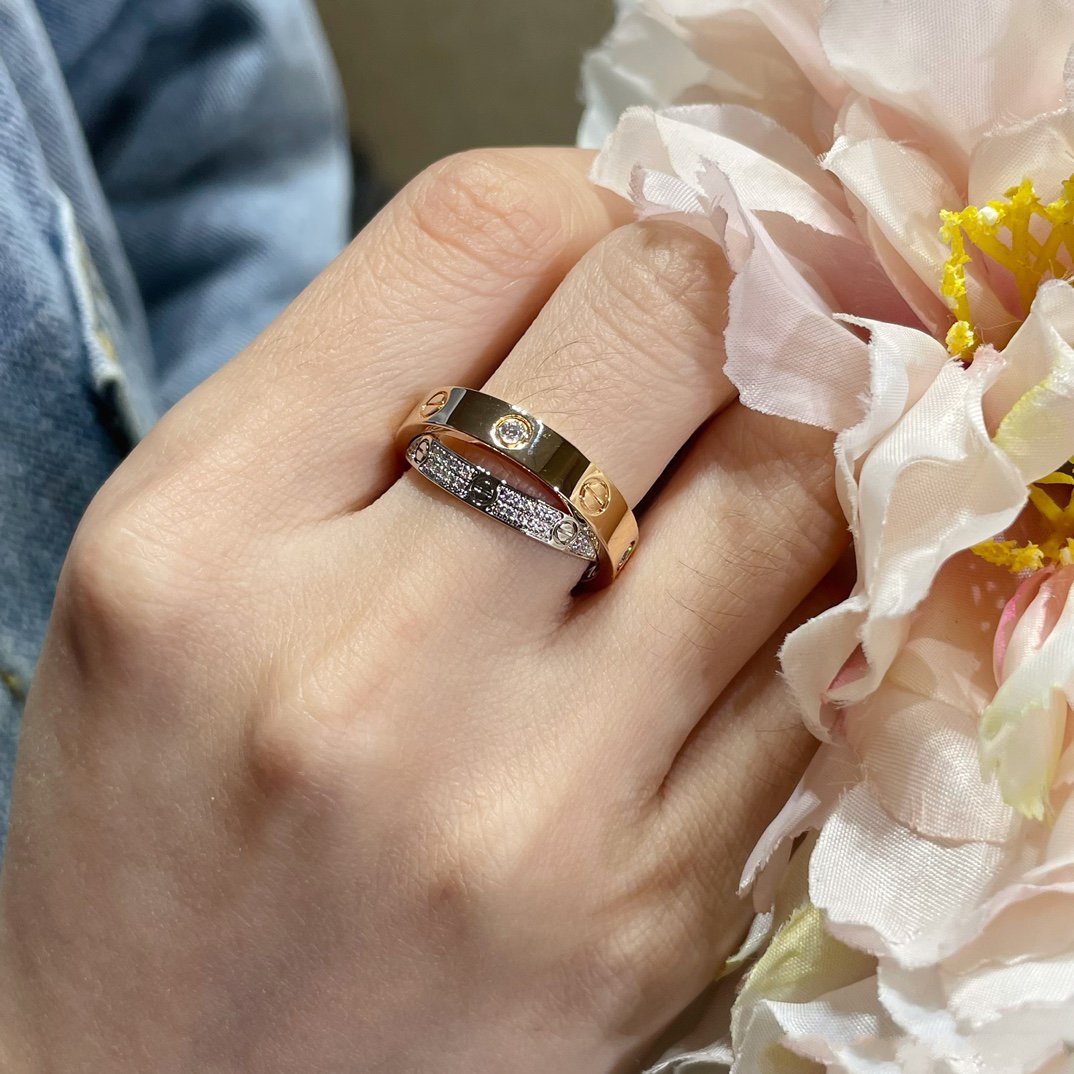 [LumiVibe]LOVE PINK GOLD SILVER DIAMOND DOUBLE RING