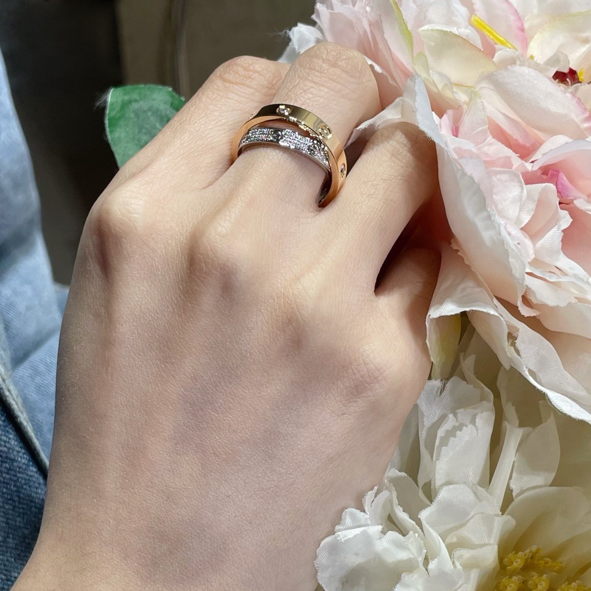 [LumiVibe]LOVE PINK GOLD SILVER DIAMOND DOUBLE RING