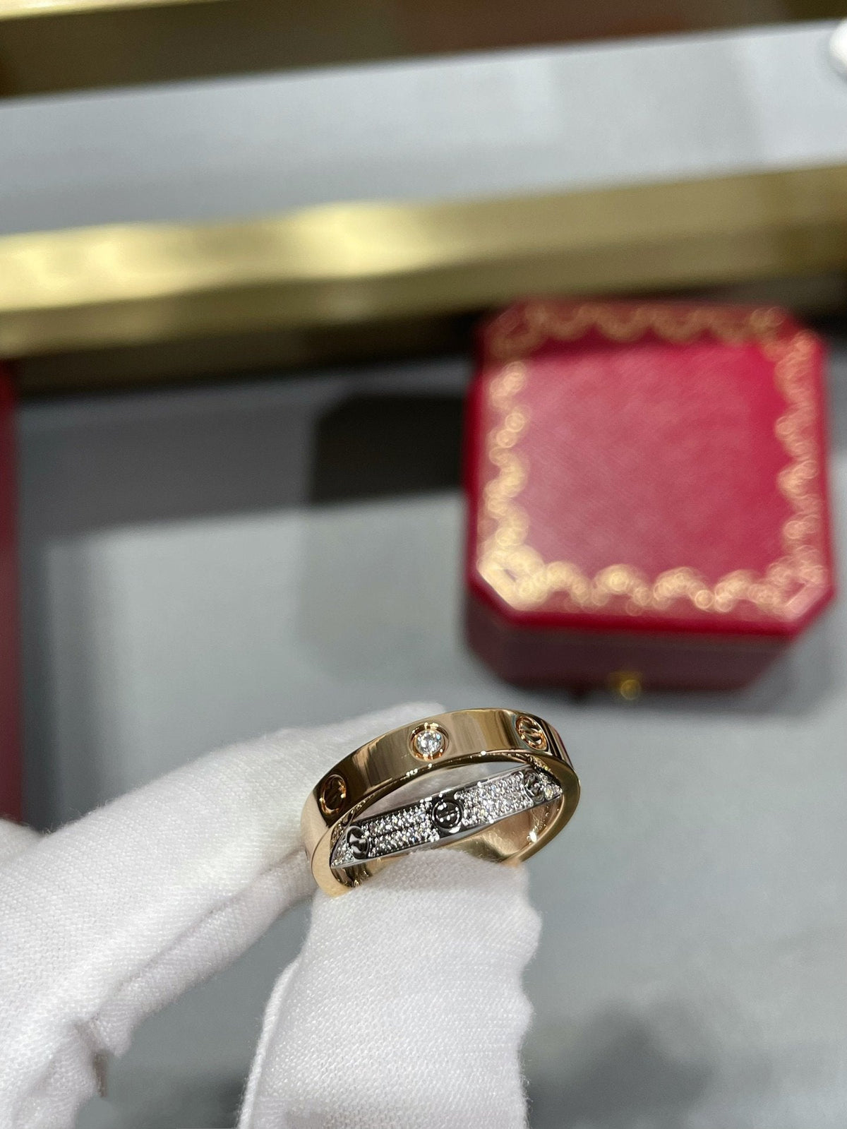 [LumiVibe]LOVE PINK GOLD SILVER DIAMOND DOUBLE RING