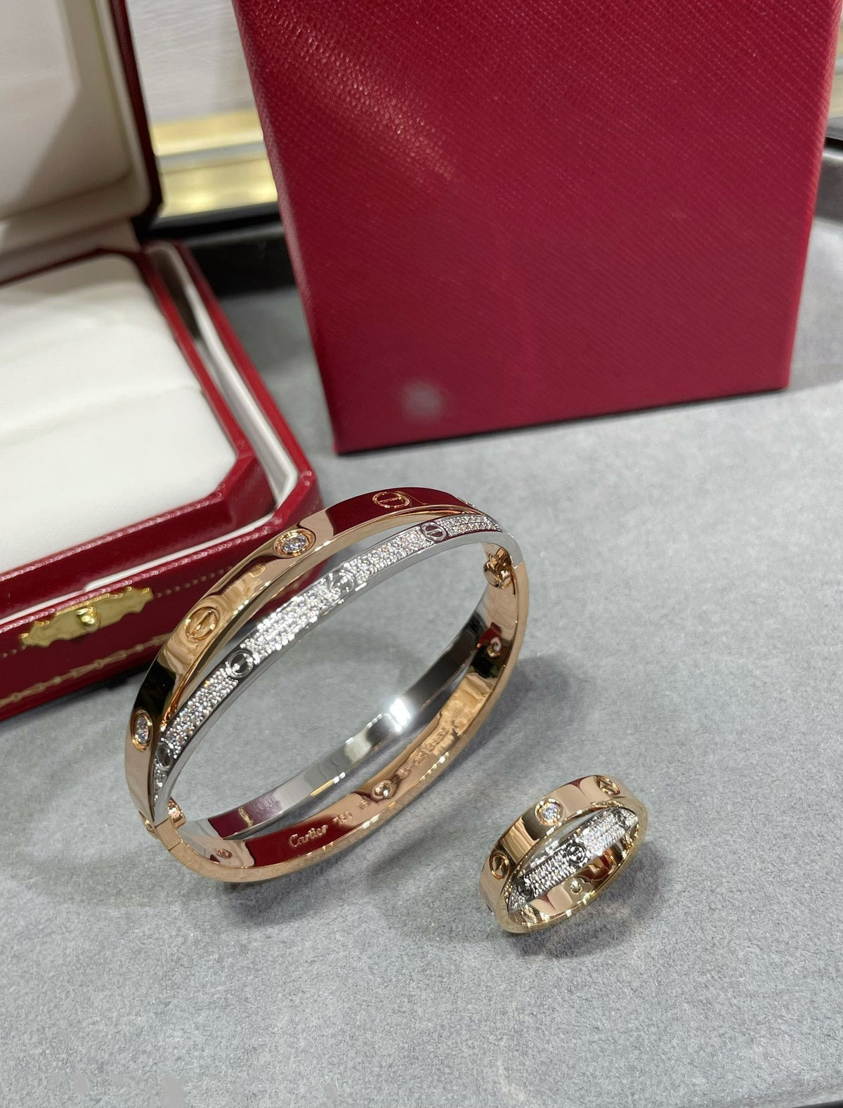 [LumiVibe]LOVE PINK GOLD SILVER DIAMOND DOUBLE RING